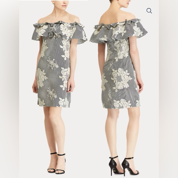 Lauren Ralph Lauren Black & White Striped Cotton Off-the-Shoulder Dress NWT NEW - Picture 2 of 12